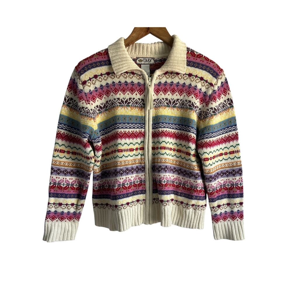VTG Tiara Womens M/P Cotton Ramie Blend Cottage Fair Isle Cardigan Sweater‎